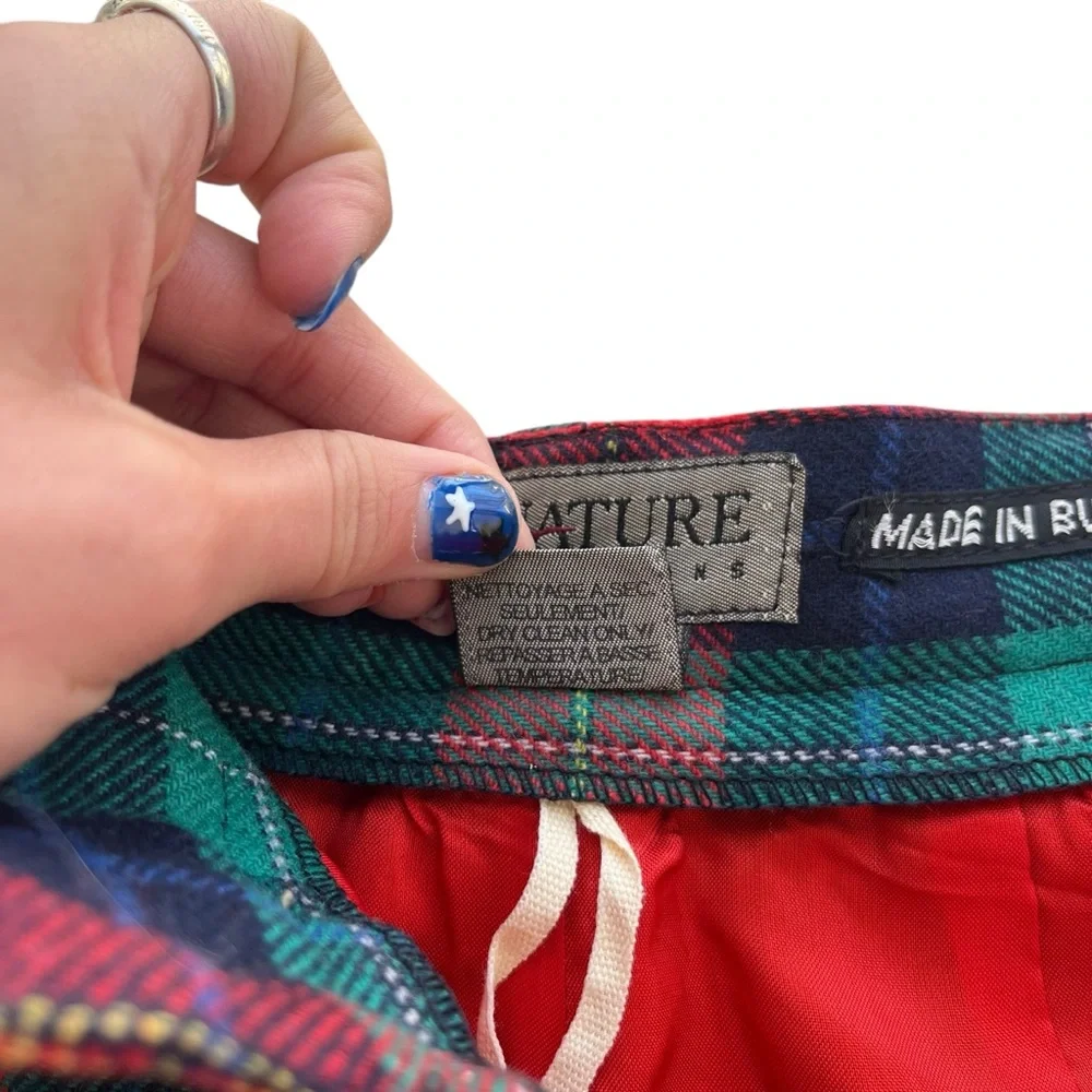Signature Expressions Women 14 Red Green Plaid Wool Blend Culotte Pleated Shorts
